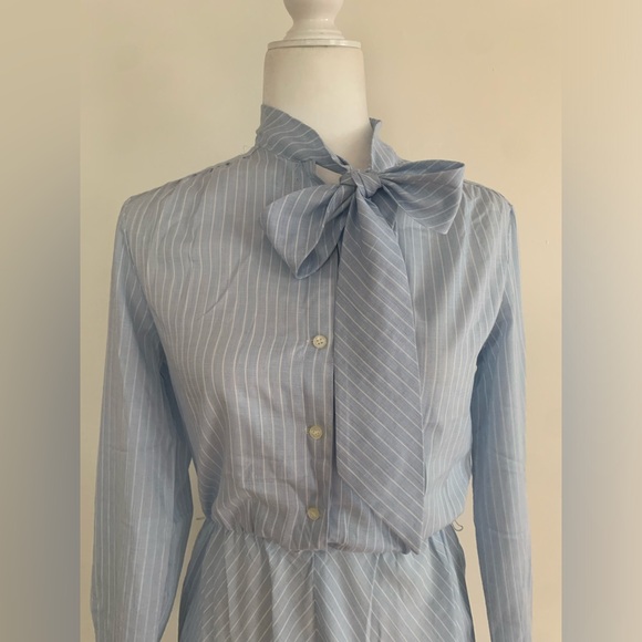 Vintage Striped Tie Neck Cotton Blend Dress Sz Small - Picture 9 of 11